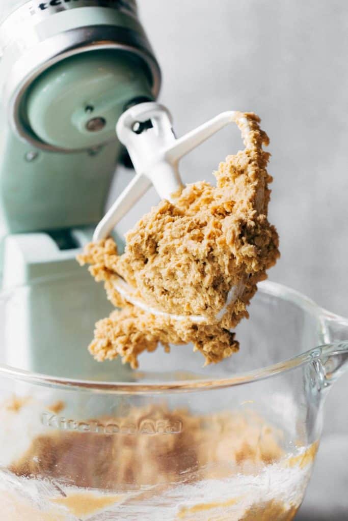 peanut butter oatmeal cookie dough in a mixing bowl