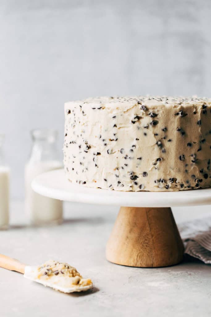 cookie dough buttercream covering a layer cake