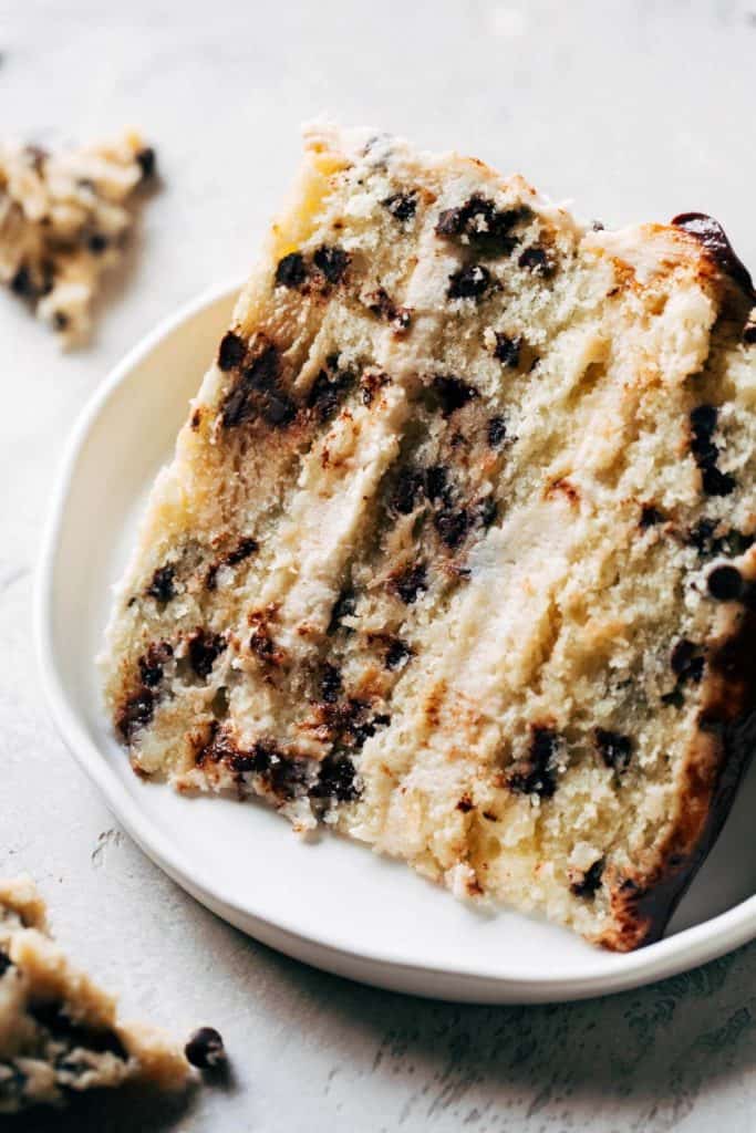 a slice of cookie dough cake on a plate