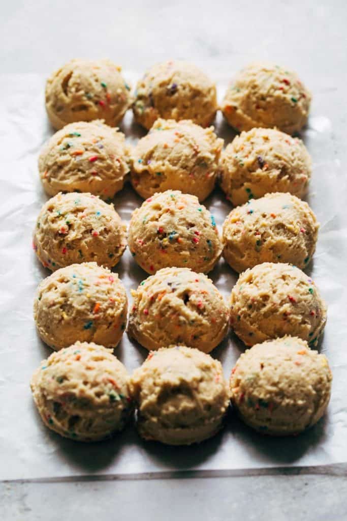 a tray of funfetti cookie dough balls