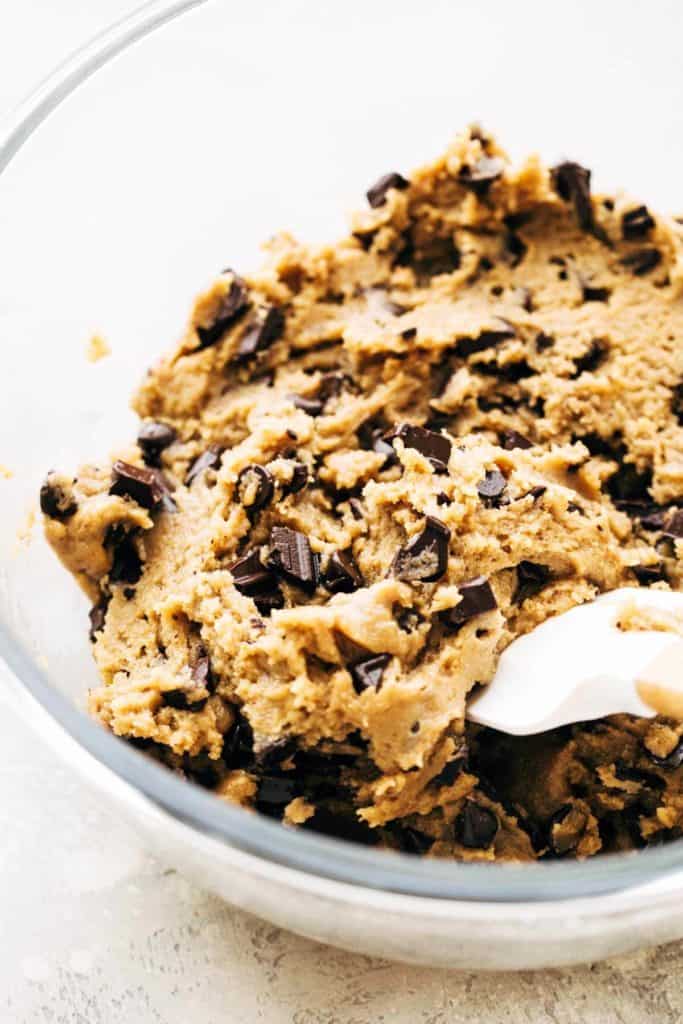 a bowl of brown butter chocolate chip cookie dough