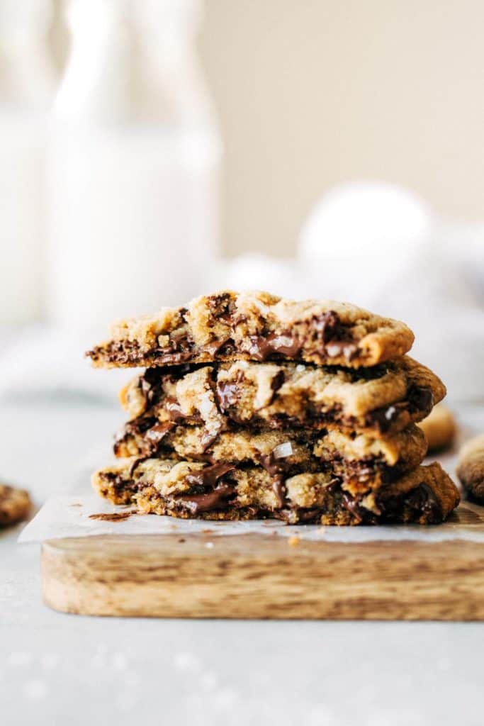 a stack of gooey brown butter chocolate chip cookies