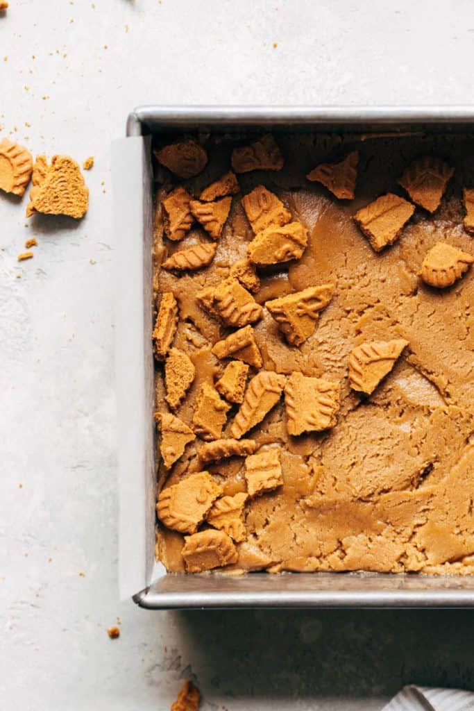 cookie butter blondie dough pressed into a baking pan