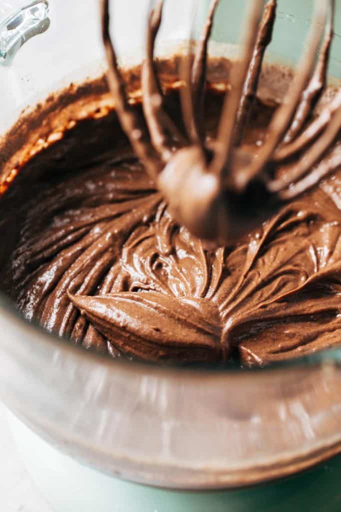 a bowl of stout brownie batter on a stand mixer