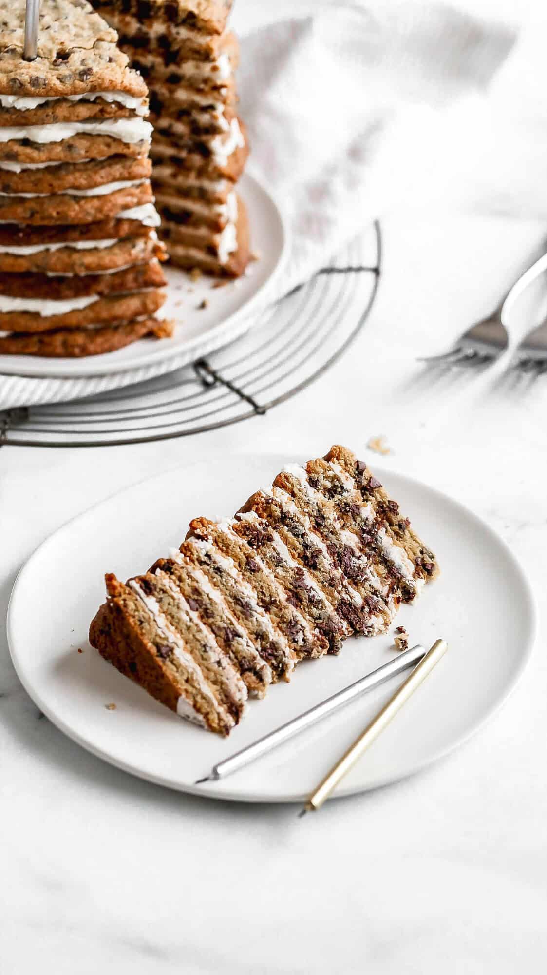 a slice of chocolate chip cookie layer cake