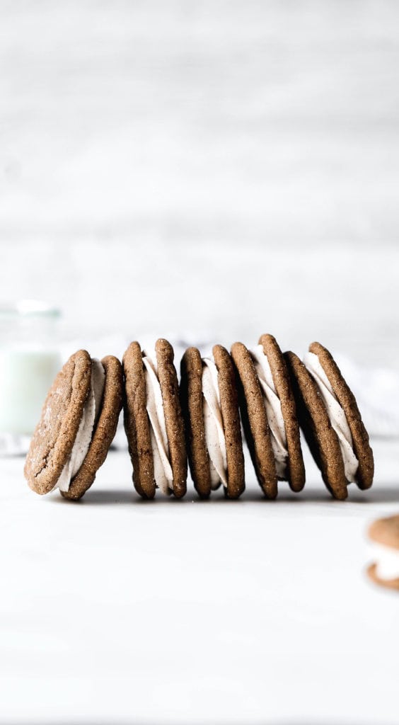 a line up of soft gingerbread sandwich cookies