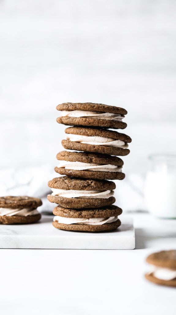 a stack of soft gingerbread sandwich cookies