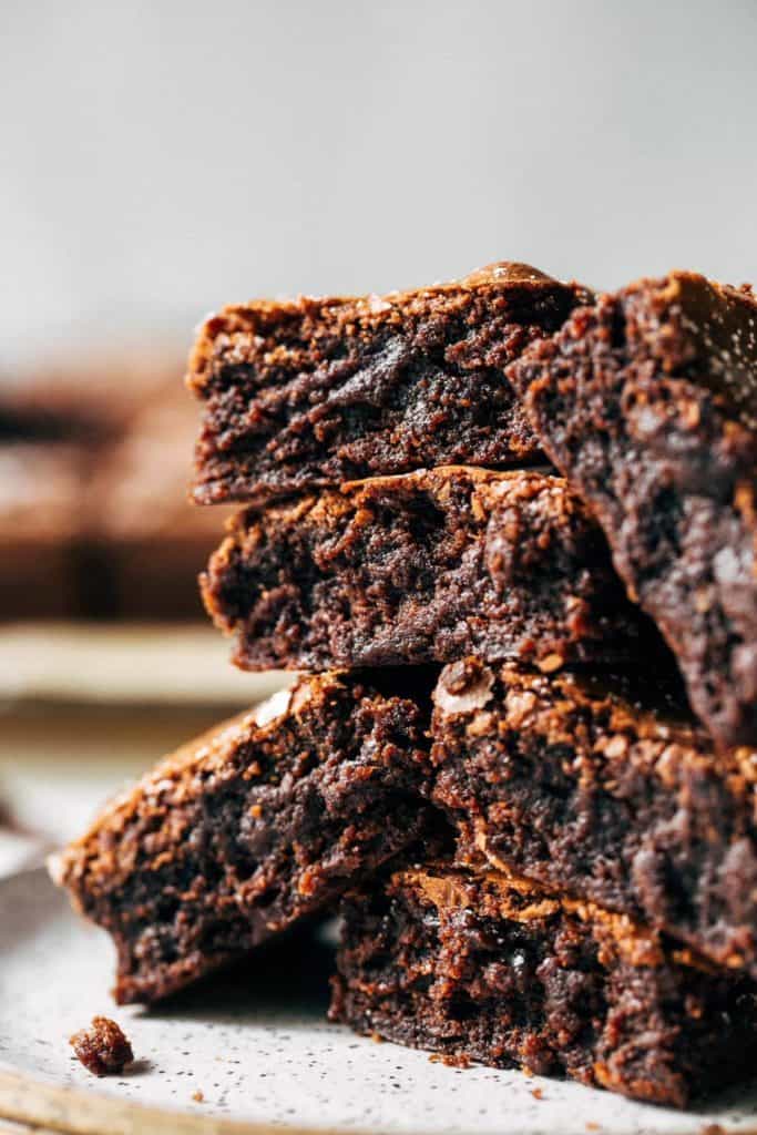 close up on a stack of fudgy brownies