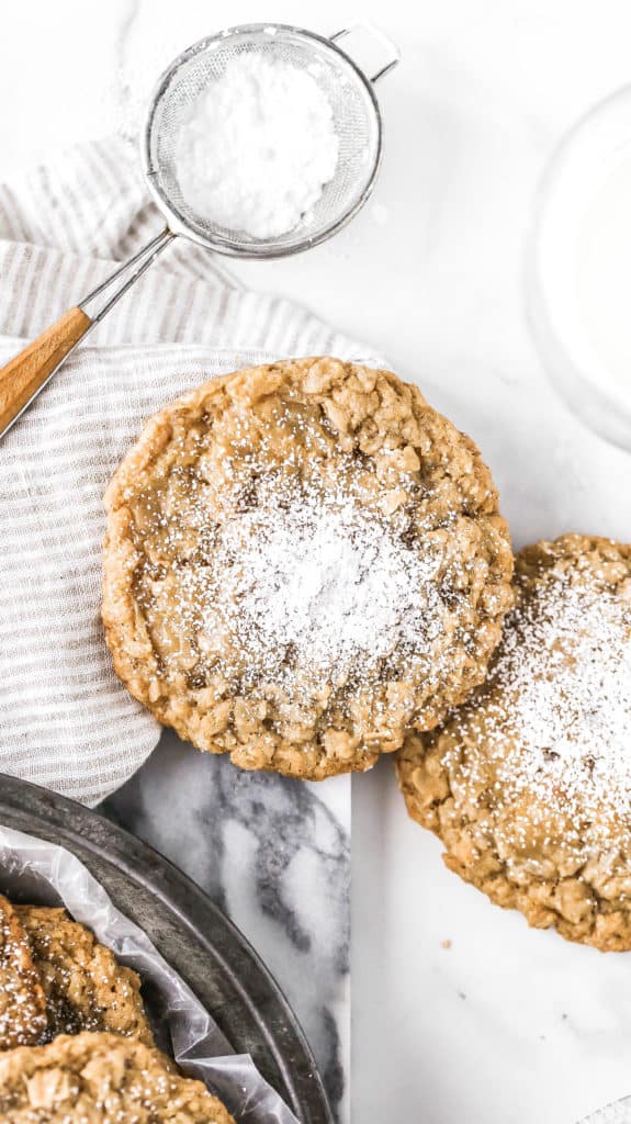 an oatmeal cookie topped with powdered sugar