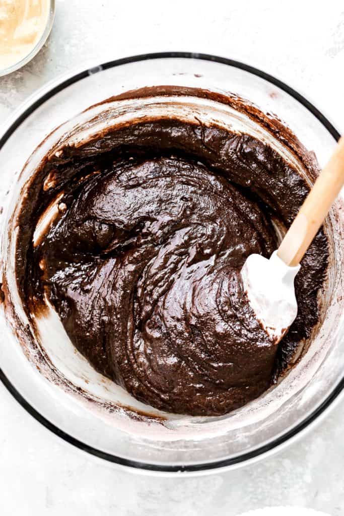 brownie batter for tahini and peanut butter swirl brownies