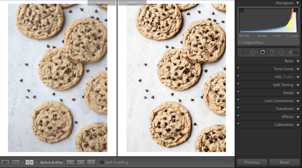 before and after photo of peanut butter cookies using lightroom