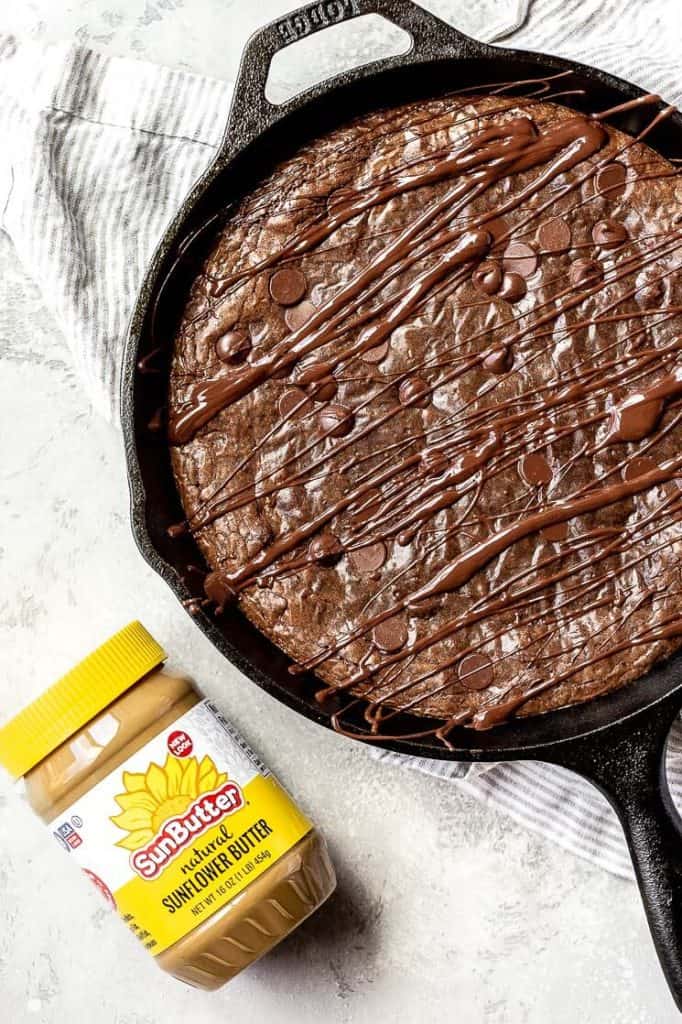 a freshly baked skillet brownie with its secret ingredient