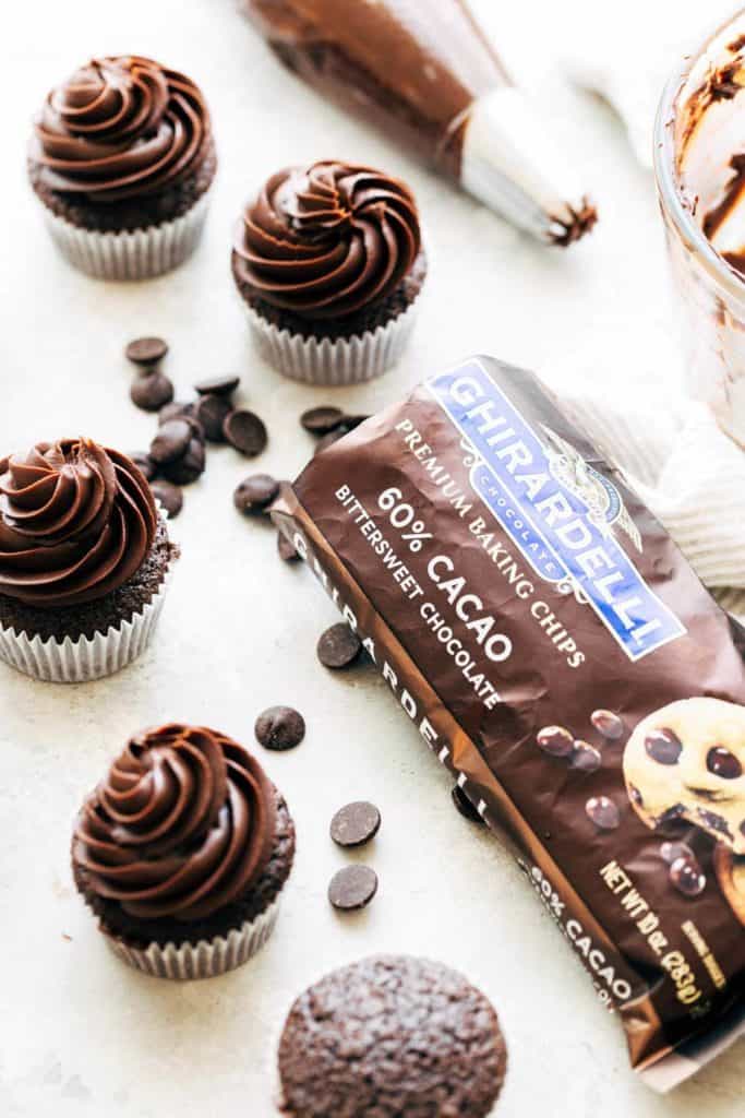 a bag of chocolate cups used to make chocolate ganache frosting