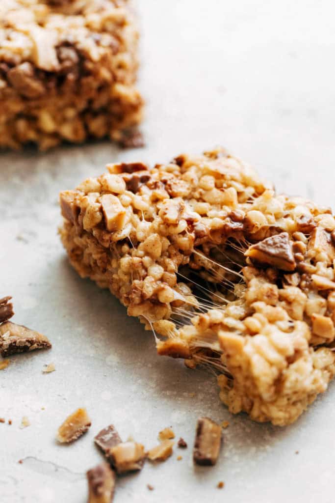 a brown butter rice krispie treat pulled apart