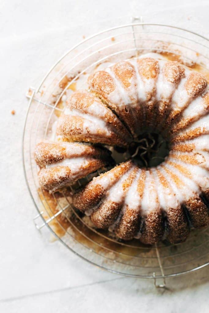 the top view of a sliced bundt cake