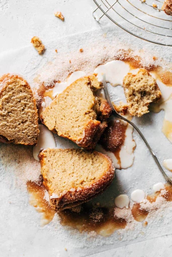 slices of bundt cake scattered on wax paper