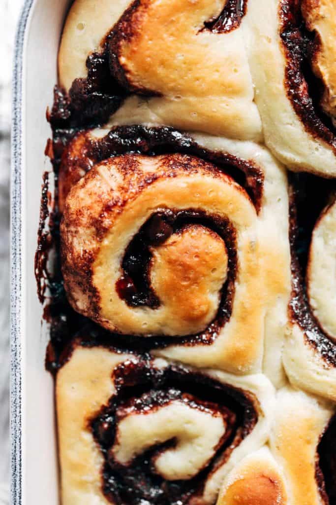 close up on a fleshly baked chocolate peppermint cinnamon roll