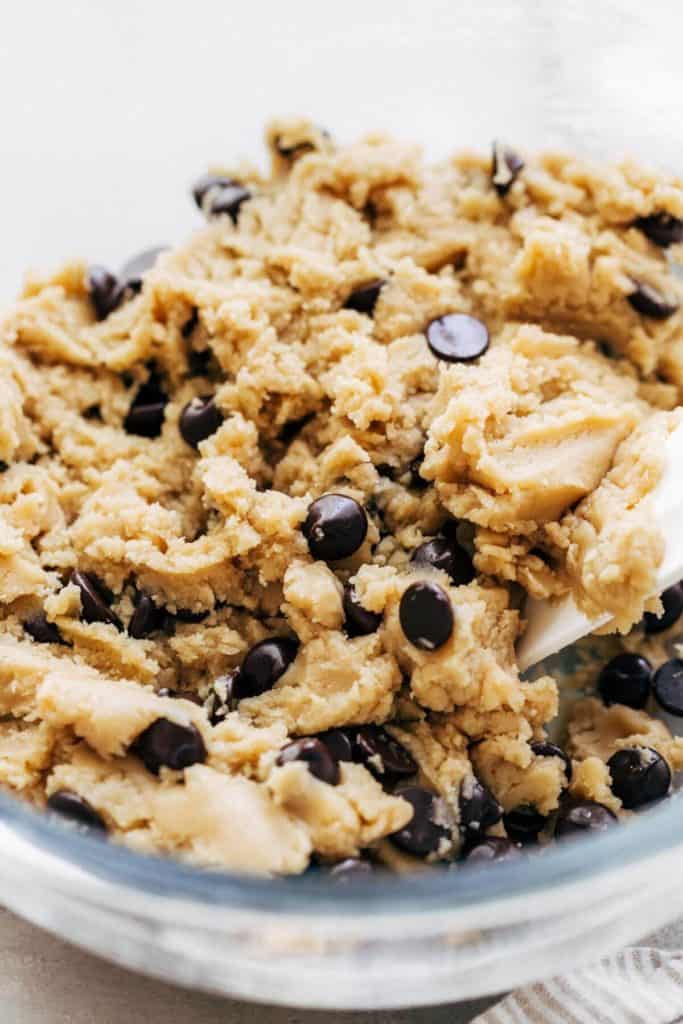 a bowl of chocolate chip cookie dough