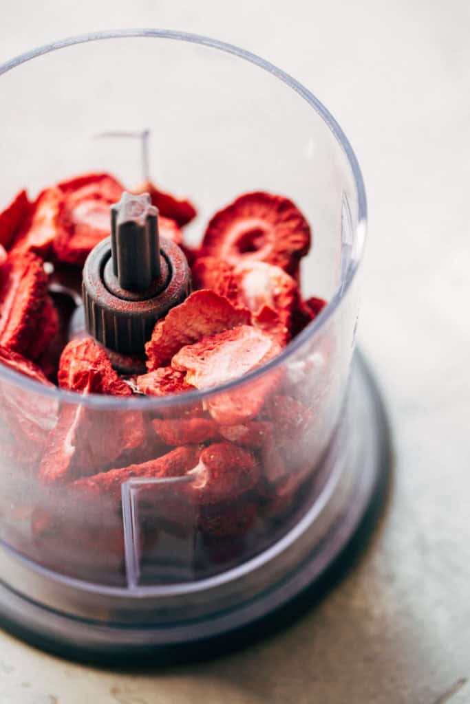 freeze dried strawberries in a food processor