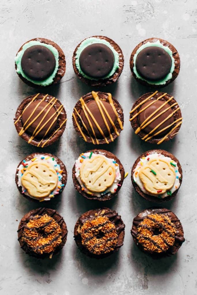 four flavors of brownie cups baked with girl scout cookies