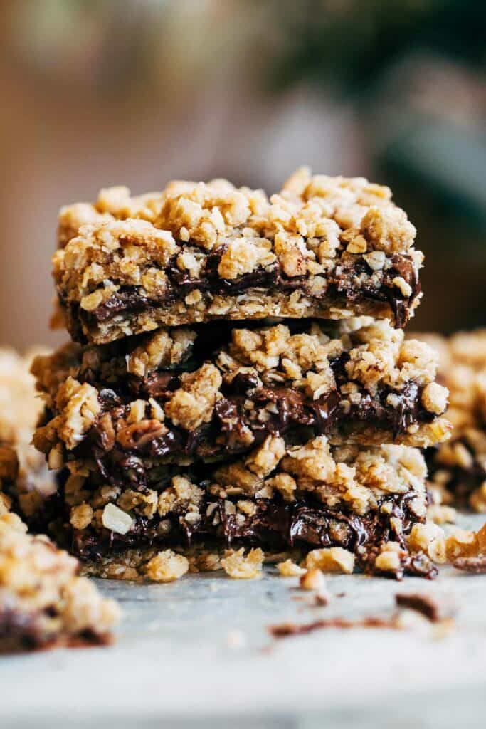 a stack of chocolate crumble bars
