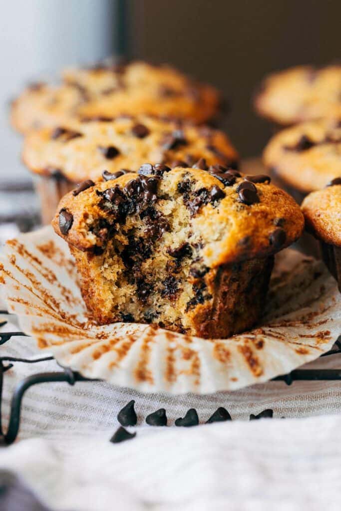 banana chocolate chip muffin with a bite taken out