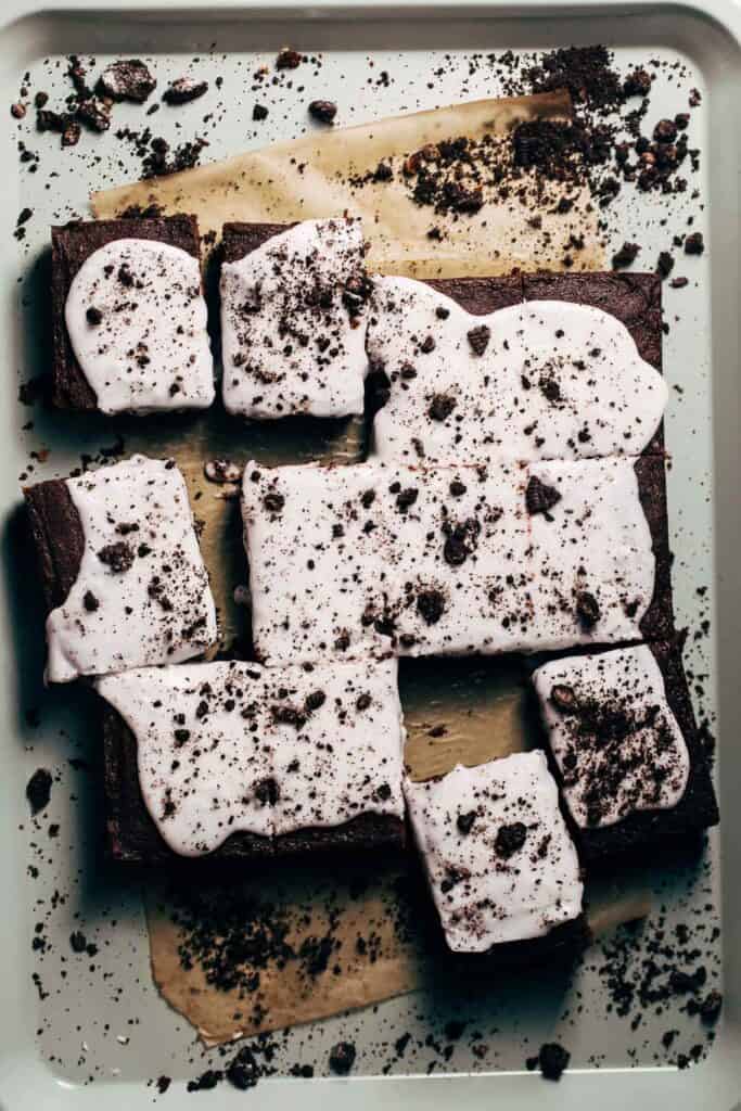 overhead shot of sliced cookies and cream pop tart bars