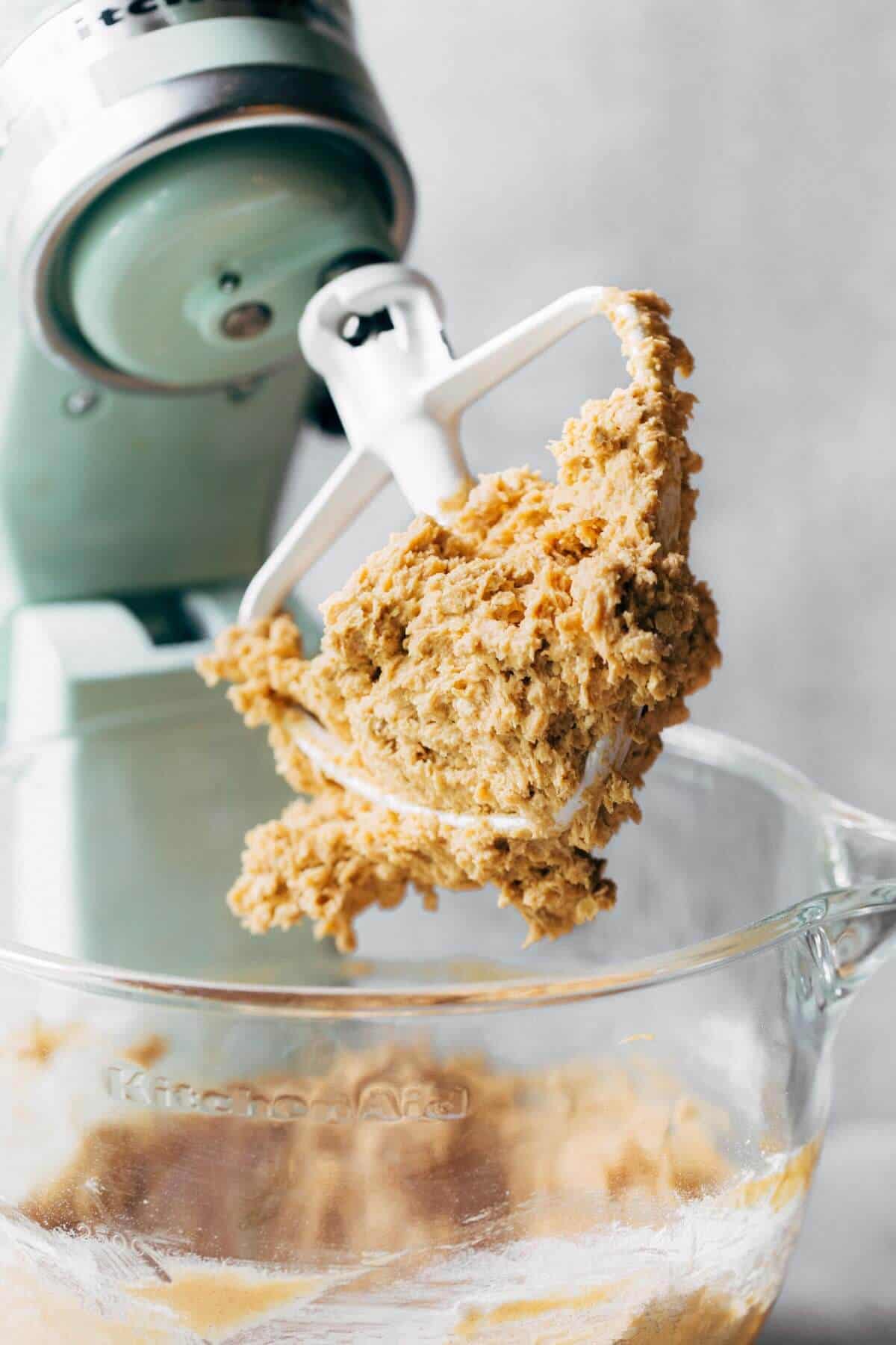 peanut butter oatmeal cookie dough in a mixing bowl