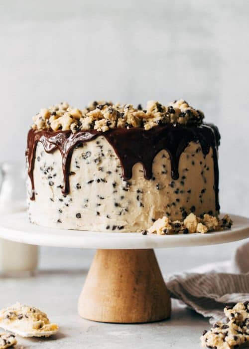 cookie dough cake on a cake stand