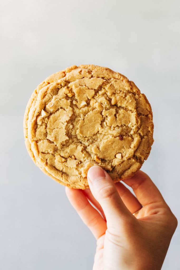 holding up a large peanut butter cookie