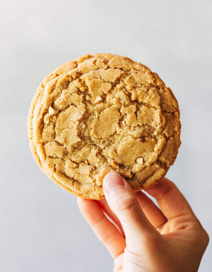 holding up a large peanut butter cookie