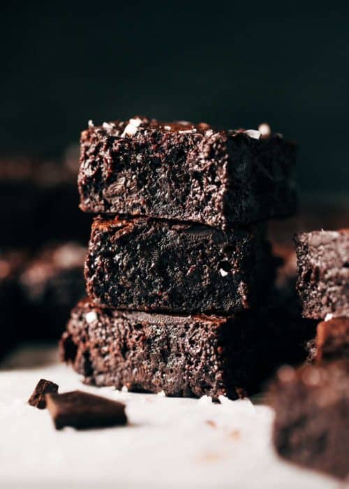 a stack of fudgy dark chocolate brownies