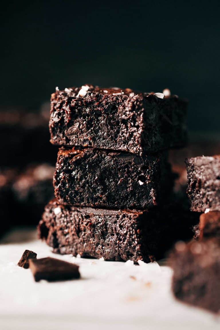 a stack of fudgy dark chocolate brownies