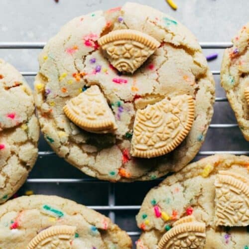 a funfetti cookie with golden oreo pieces on top