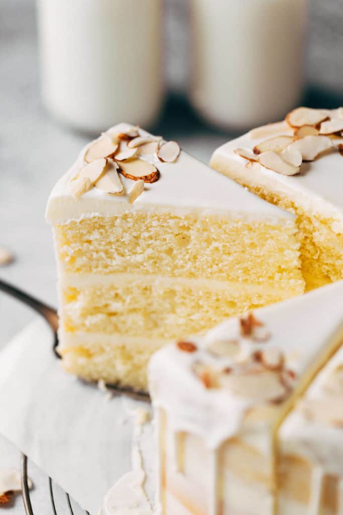 close up on a slice of sweet almond cake