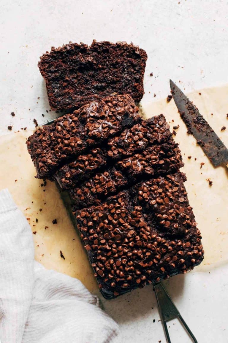 a chocolate banana bread loaf from above, sliced