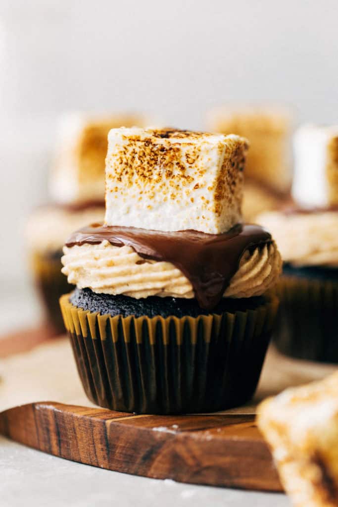 close up on a chocolate cupcake topped with a homemade toasted marshmallow