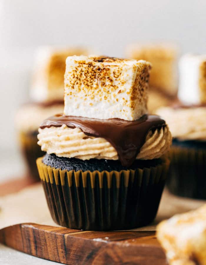 close up on a chocolate cupcake topped with a homemade toasted marshmallow