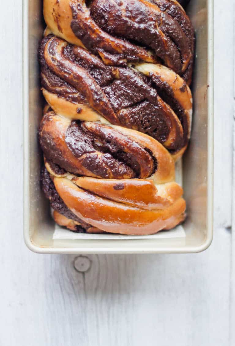 Chocolate babka in its baking pan