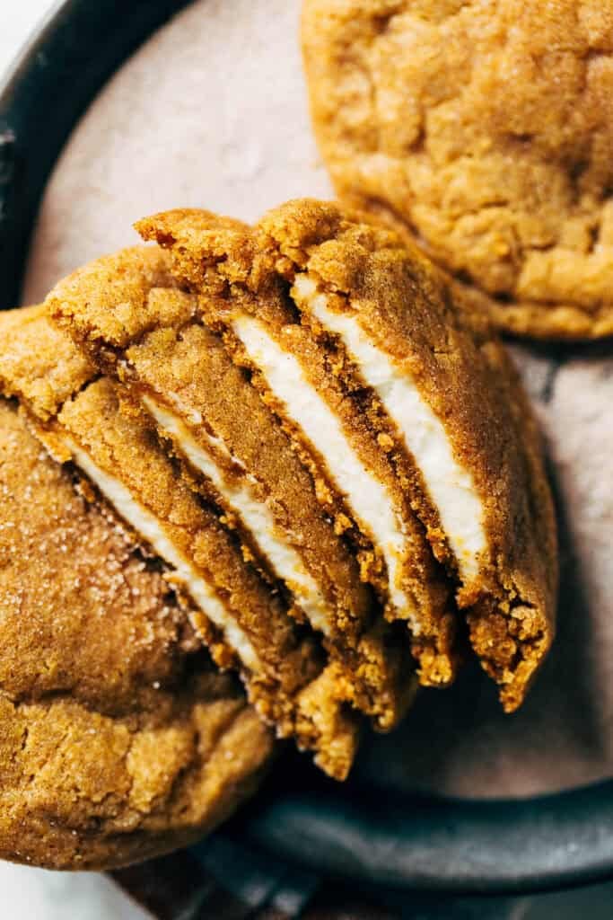 pumpkin cheesecake cookies split in half