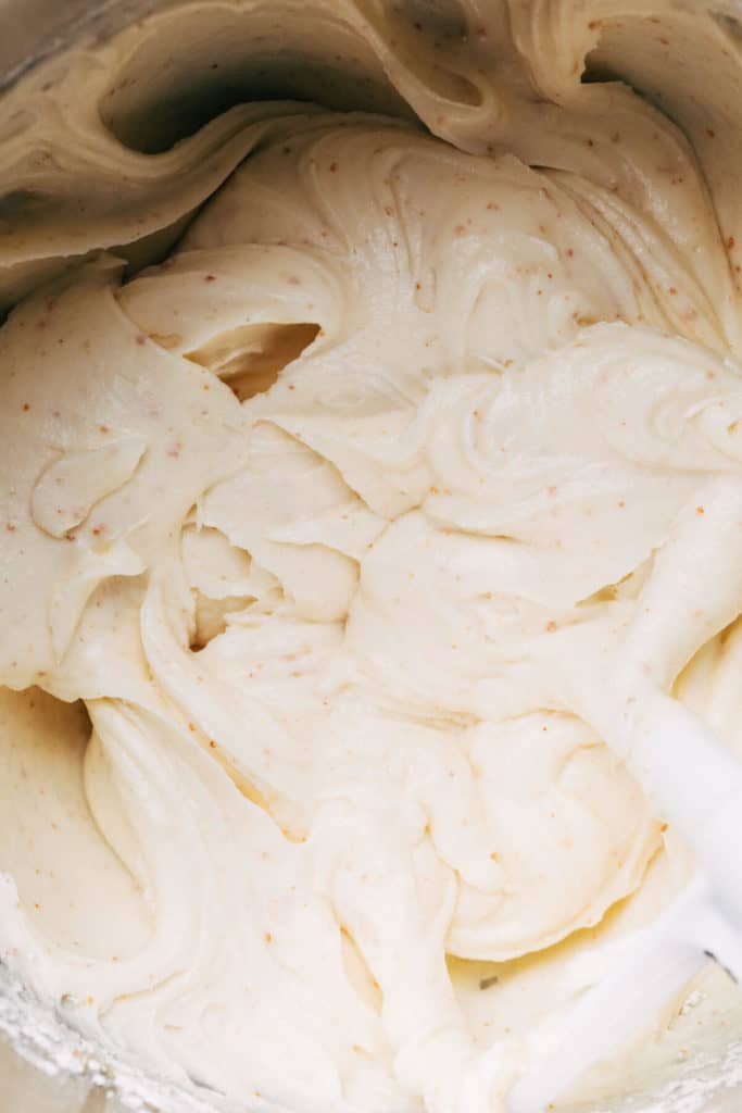 a bowl of brown butter cream cheese frosting