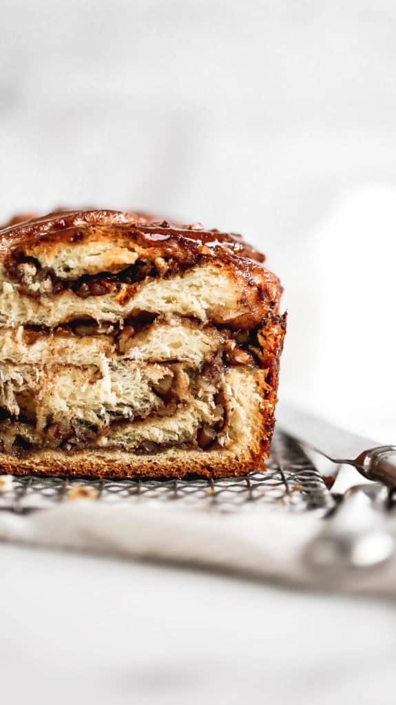 A loaf of pecan pie babka