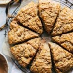 banana scones arranged in a circle on a round cooling rack