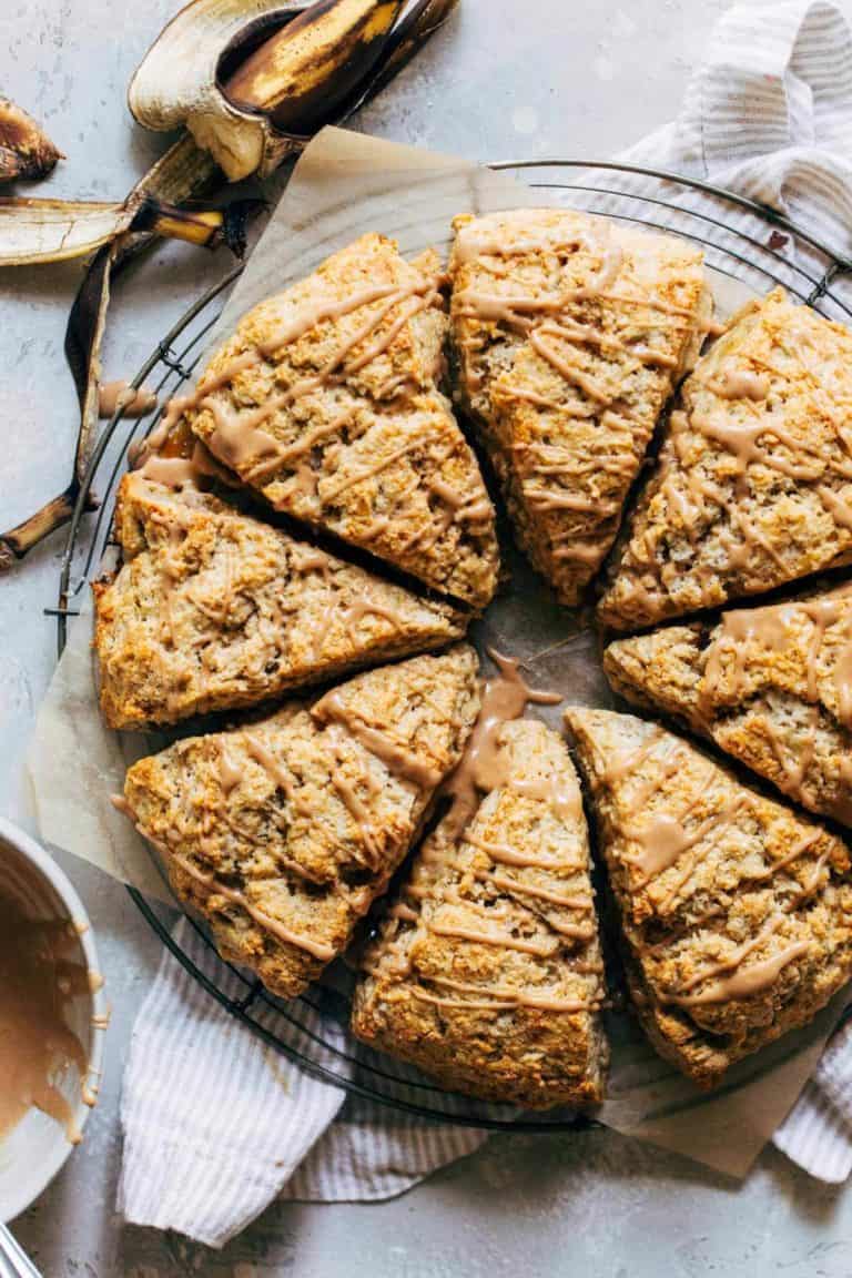 banana scones arranged in a circle on a round cooling rack