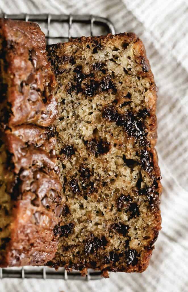 close up on a slice of chocolate chip banana bread