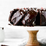 a sliced chocolate peppermint bundt cake
