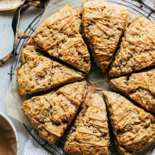 banana scones arranged in a circle on a round cooling rack