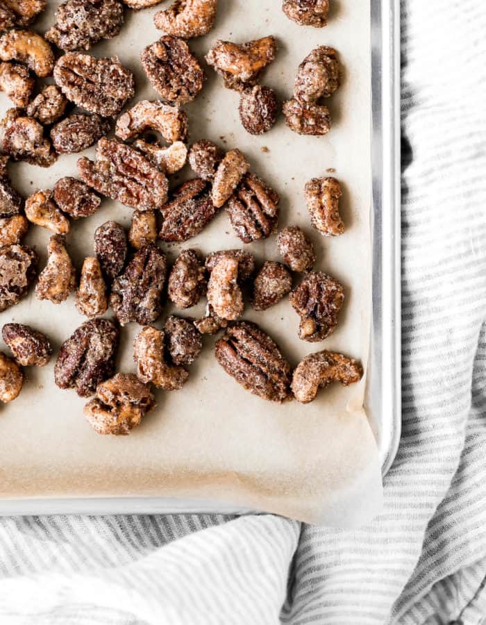 a baking tray of candied nuts
