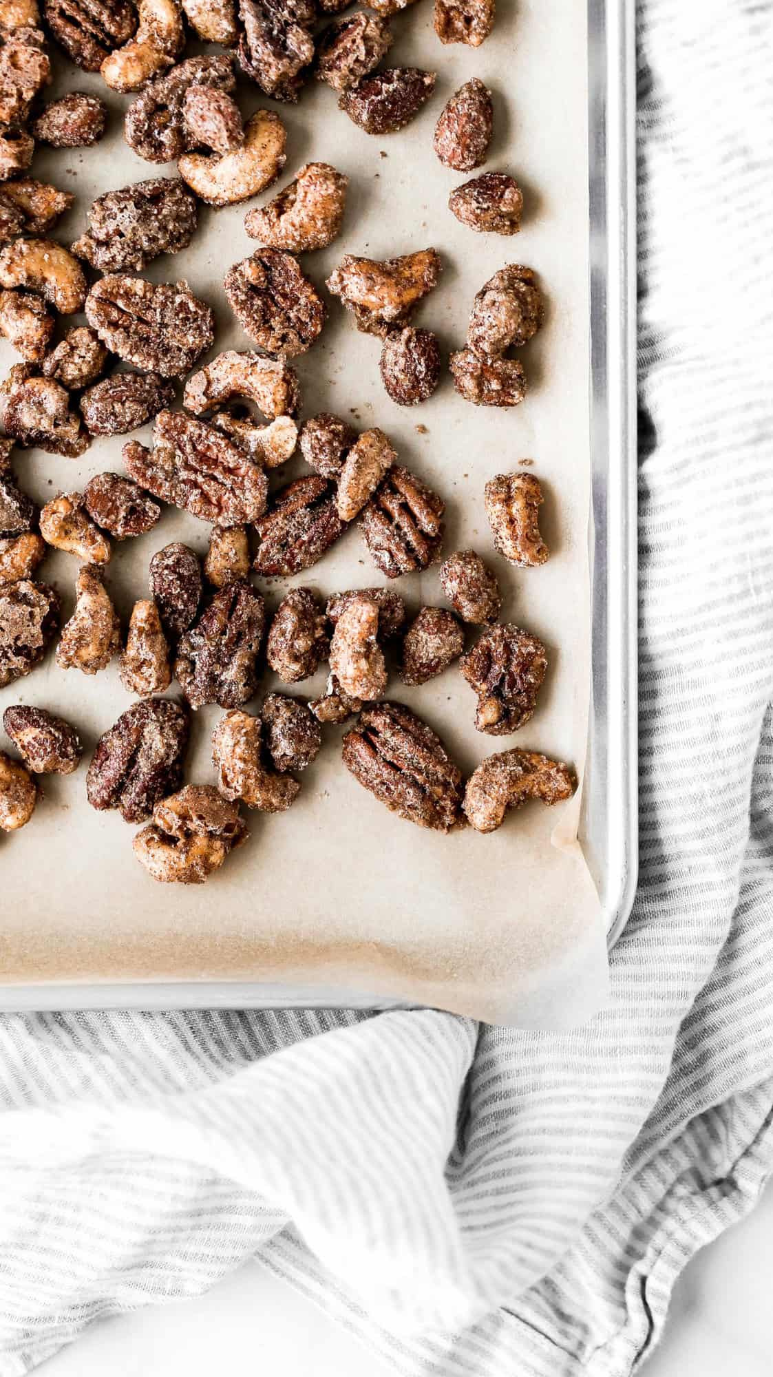 a baking tray of candied nuts