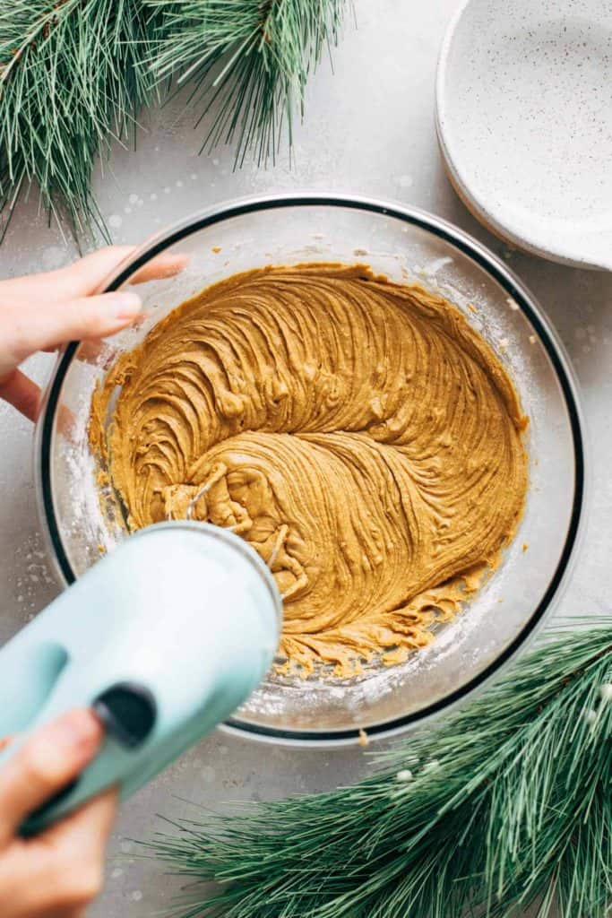 mixing a bowl of gingerbread cake batter